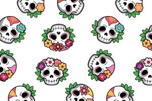 Rotated skulls with floral headpieces in a colorful pattern. Web backgrounds, stationery, festive textiles. Playful cartoon style with a bright and vivid color palette vector