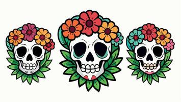 Sugar skulls adorned with colorful flowers, perfect for Dia de los Muertos celebration artwork, textile patterns, and festive decor. Bold, vivid palette with a playful, cartoonish look vector