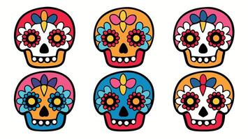 Colorful sugar skulls icon set, Dia de los Muertos theme, vibrant palette, web design, isolated icons, traditional Mexican style with bright colors. vector