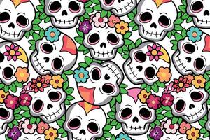 Vibrant skulls and floral pattern for Dia de los Muertos. Illustration, web backgrounds, textile design, party decorations. Bright color palette, playful, cartoonish style vector