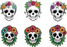Set of sugar skull illustrations with colorful flowers, perfect for Dia de los Muertos projects, web design, and festive decor. Bold, vivid palette with a clean, aesthetic vector