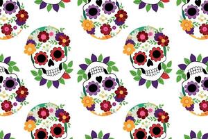 Dia de los Muertos skulls with colorful flowers, seamless pattern for fabric prints, festive crafts vector