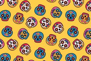 Bright sugar skulls pattern on yellow, Day of the Dead, vibrant Mexican design, textile printing and festive decorations, colorful skulls in a repeating layout. vector
