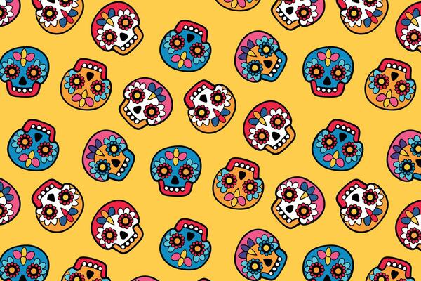 Bright sugar skulls pattern on yellow, Day of the Dead, vibrant Mexican design, textile printing and festive decorations, colorful skulls in a repeating layout.