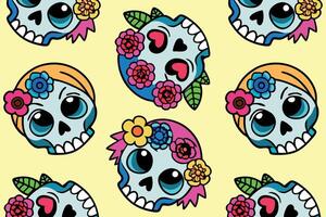 Skulls and flowers in a colorful Dia de los Muertos pattern on a yellow background. vector