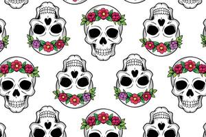 Festive skulls with floral decorations, seamless pattern for Dia de los Muertos fabrics vector
