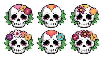 Dia de los Muertos themed skull illustration with floral accents, vivid, colorful, for icon design, greeting cards, festive patterns. vector