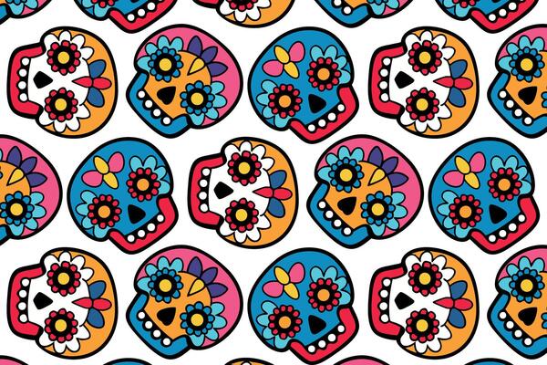 Skull pattern, Dia de los Muertos theme, bright colors on white, textile design, wallpaper, colorful sugar skulls in a repeating pattern
