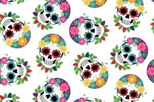 Day of the Dead skulls pattern with floral crowns, seamless pattern for holiday decorations vector