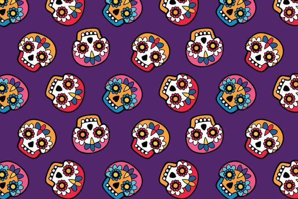 Vibrant skull pattern on purple, Dia de los Muertos design, bright festive colors, textile printing and digital backgrounds, traditional Mexican sugar skulls.