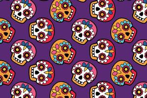 Dia de los Muertos pattern, skulls on purple background, bright festive colors, fabric and web design, lively and traditional Mexican pattern vector