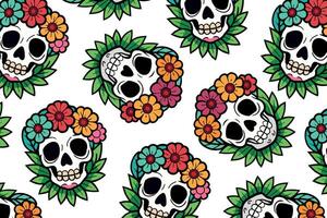Colorful skulls with floral decorations in a repeating pattern, perfect for holiday-themed textiles and digital backgrounds. Vivid, engaging colors with a lively, festive atmosphere vector
