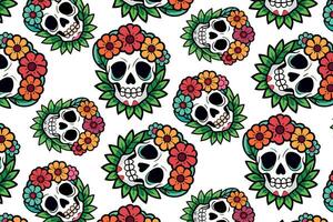 Repeating sugar skull pattern with vibrant flowers, ideal for Dia de los Muertos themed projects, wallpapers, and digital art. Bright, colorful design with a cheerful, festive aesthetic vector