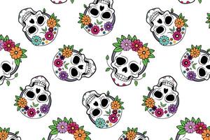 Cute pattern of Day of the Dead skulls with flowers, vibrant Halloween background. vector