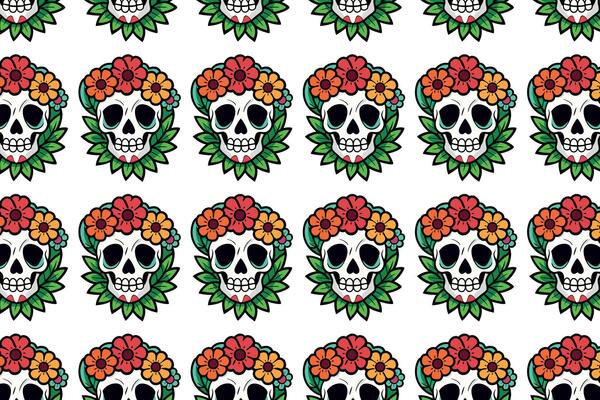 Colorful sugar skull pattern with floral elements, perfect for Dia de los Muertos themed projects, wallpapers, and apparel. Bold, vivid colors with a cheerful, celebratory vibe