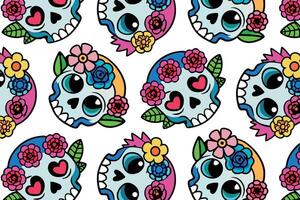 Vivid Dia de los Muertos pattern with cartoonish skulls and floral accents, extile design, wrapping paper, festive event themes. Vibrant color palette, fun, lively style vector