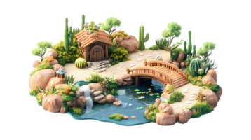 isometric style, a small garden with a cactus trees, bridge and a pond png