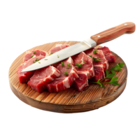 Raw meat slices on a wooden board with a knife isolated on transparent background png