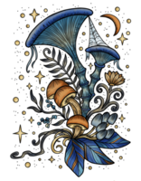 Blue celestial mystic mushrooms with spider web and floral decorative design elements, witchcraft symbols. Esoteric and witchy objects, tattoo concept png