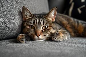 Cute tabby cat lying on grey sofa in living room at home photo
