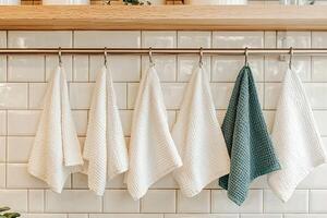 Kitchen towels hanging on a rack on a white brick wall photo