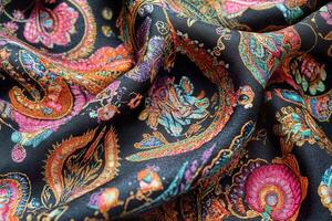 Vibrant textile with intricate colorful patterns on a black background. photo