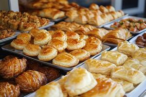 Assorted puff pastries displayed beautifully in a bakery setting photo