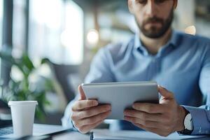 Close up of young businessman using digital tablet while sitting at his working place in office. Businessman using digital tablet photo