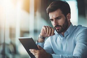 Close up of young businessman using digital tablet while sitting at his working place in office. Businessman using digital tablet photo