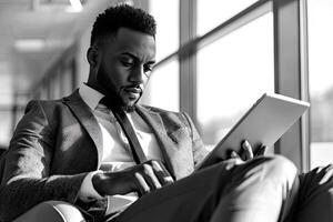 Close up of young businessman using digital tablet while sitting at his working place in office. Businessman using digital tablet photo