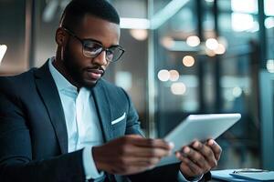 Close up of young businessman using digital tablet while sitting at his working place in office. Businessman using digital tablet photo