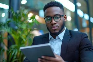 Close up of young businessman using digital tablet while sitting at his working place in office. Businessman using digital tablet photo
