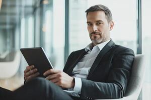 Close up of young businessman using digital tablet while sitting at his working place in office. Businessman using digital tablet photo