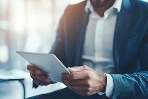 Close up of young businessman using digital tablet while sitting at his working place in office. Businessman using digital tablet photo