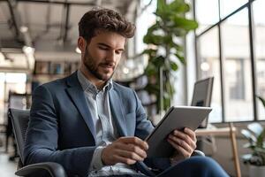 Close up of young businessman using digital tablet while sitting at his working place in office. Businessman using digital tablet photo