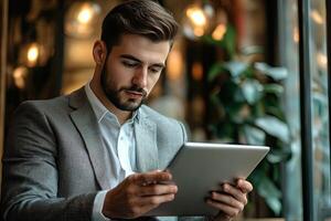 Close up of young businessman using digital tablet while sitting at his working place in office. Businessman using digital tablet photo