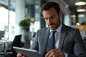 Close up of young businessman using digital tablet while sitting at his working place in office. Businessman using digital tablet photo