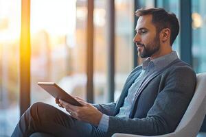 Close up of young businessman using digital tablet while sitting at his working place in office. Businessman using digital tablet photo