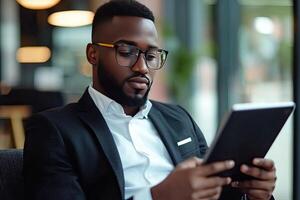 Close up of young businessman using digital tablet while sitting at his working place in office. Businessman using digital tablet photo