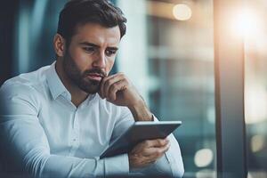 Close up of young businessman using digital tablet while sitting at his working place in office. Businessman using digital tablet photo