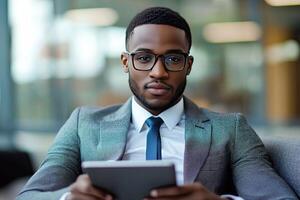 Close up of young businessman using digital tablet while sitting at his working place in office. Businessman using digital tablet photo