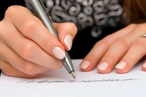 Close up of businesswoman hand signing contract or agreement with pen photo