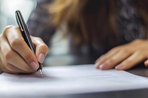 Close up of businesswoman hand signing contract or agreement with pen photo
