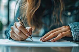 Close up of businesswoman hand signing contract or agreement with pen photo
