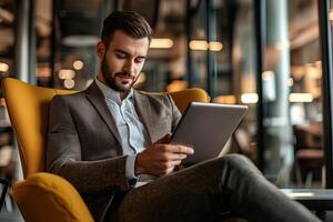 Close up of young businessman using digital tablet while sitting at his working place in office. Businessman using digital tablet photo