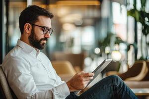 Close up of young businessman using digital tablet while sitting at his working place in office. Businessman using digital tablet photo