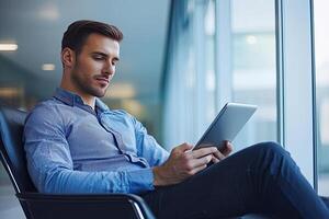 Close up of young businessman using digital tablet while sitting at his working place in office. Businessman using digital tablet photo