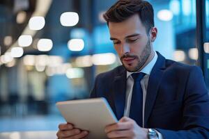 Close up of young businessman using digital tablet while sitting at his working place in office. Businessman using digital tablet photo