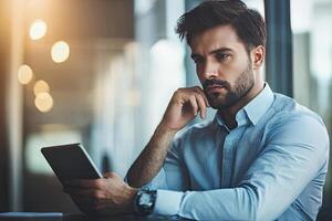 Close up of young businessman using digital tablet while sitting at his working place in office. Businessman using digital tablet photo