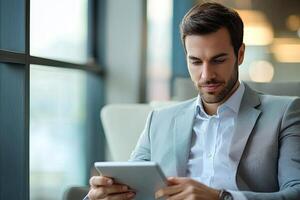 Close up of young businessman using digital tablet while sitting at his working place in office. Businessman using digital tablet photo
